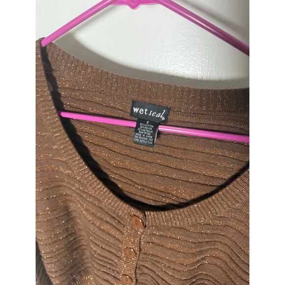 Vintage Y2K Wet Seal Brown Cropped Shimmer Cardigan Sweater Romcom Slimming SM - Picture 5 of 9